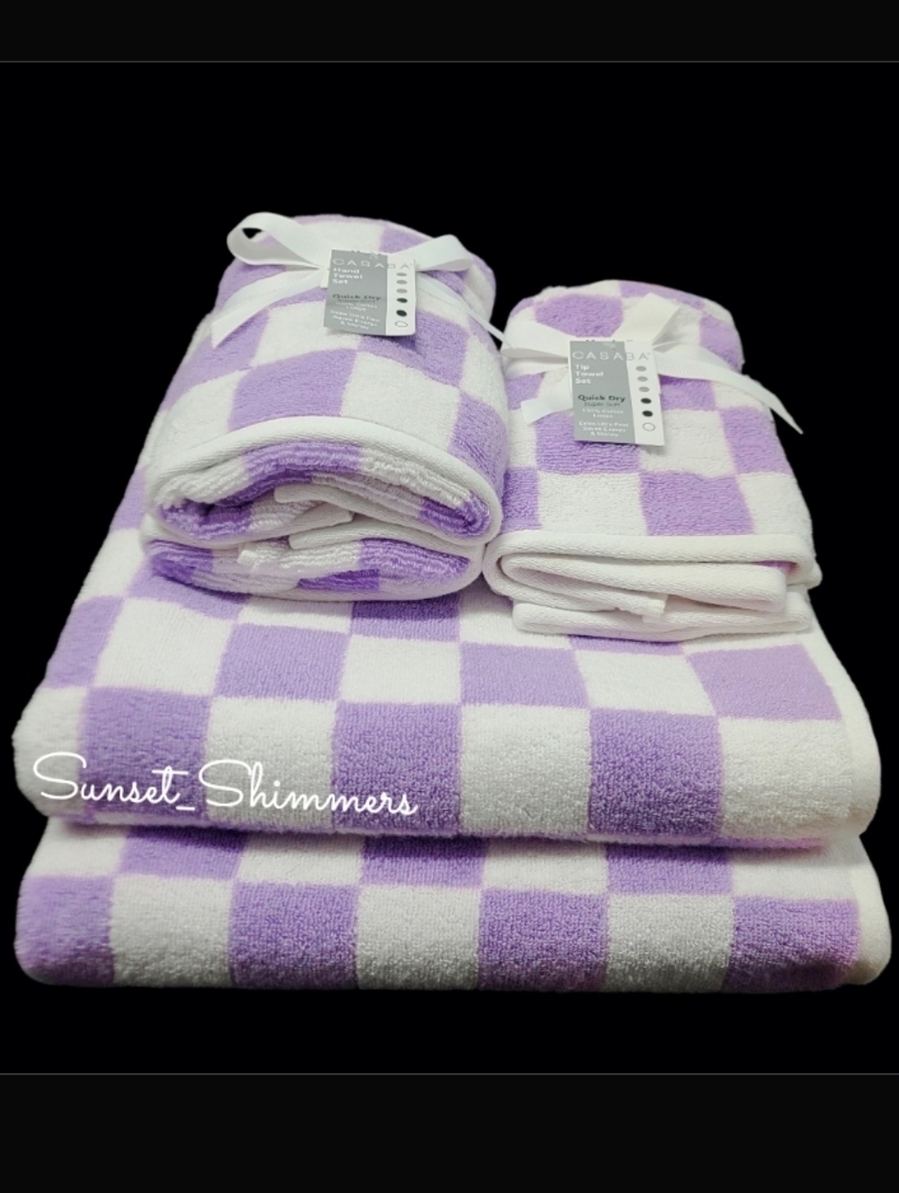 6pc MACKENZIE Style PURPLE White Courtly Check Bath Hand Tip Towel Set Casaba